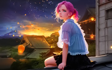 Anime Girls, Sky, Sunset Glow, Looking at Viewer Wallpaper