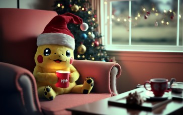 Pikachu, Pokémon, Christmas, Santa Hats, Holiday Wallpaper