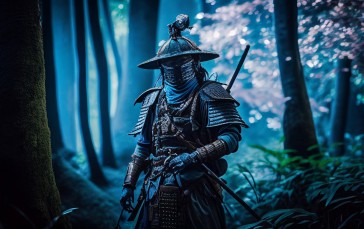 Samurai, Forest, AI Art, Armor, Looking at Viewer, Hat Wallpaper