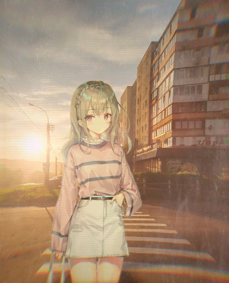Animeirl, Crosswalk, Evening, City, Lens Flare Wallpaper