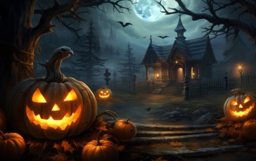 AI Art, Halloween, Spooky, Pumpkin, Bats Wallpaper