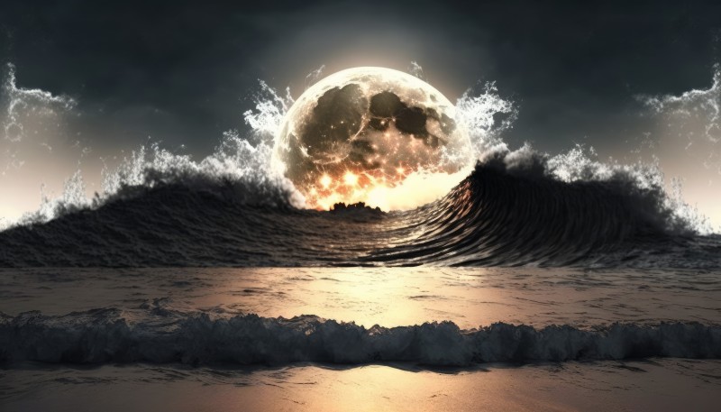 AI Art, Moon, Waves, Collision, Sea, Water Wallpaper