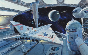 Spaceship, Hanger, Retro Science Fiction, Astronaut, USA Wallpaper