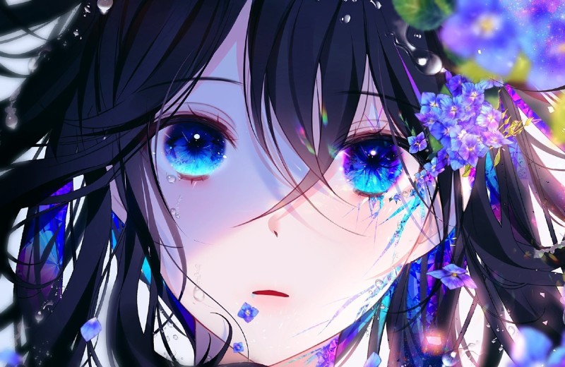 Anime Girls, Flowers, Blue Eyes, Petals, Frontal View, Face Wallpaper