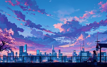 AI Art, Illustration, Anime Girls, Clouds, Cityscape Wallpaper
