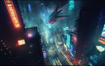 AI Art, City, Cyberpunk, City Lights Wallpaper