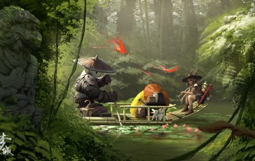 Artwork, Kan Liu, Panda, Rabbits, Anime Girls Wallpaper