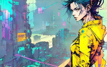 Inkpunk, Cyberpunk, Yellow Jacket, Artwork Wallpaper