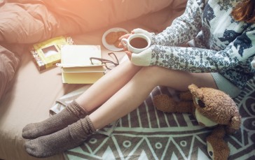 Model, Blue Clothing, Socks, Legs Together, Sitting, Coffee Cup Wallpaper