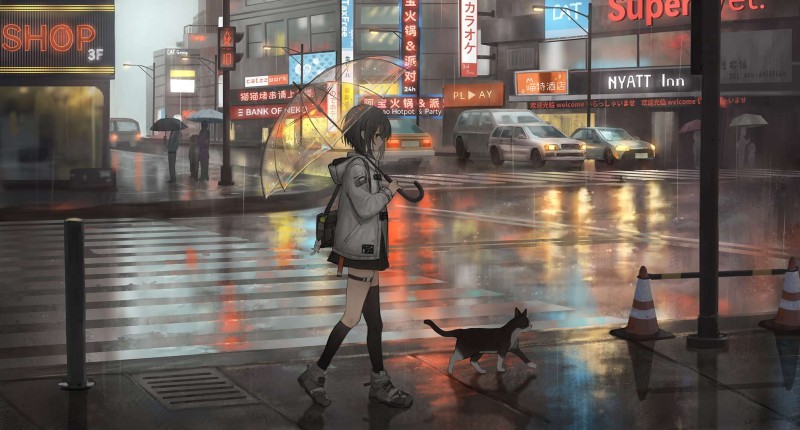 Anime, Anime Girls, Umbrella, Street, Rain, Catzz Wallpaper
