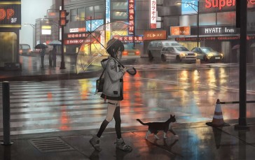Anime, Anime Girls, Umbrella, Street, Rain, Catzz Wallpaper