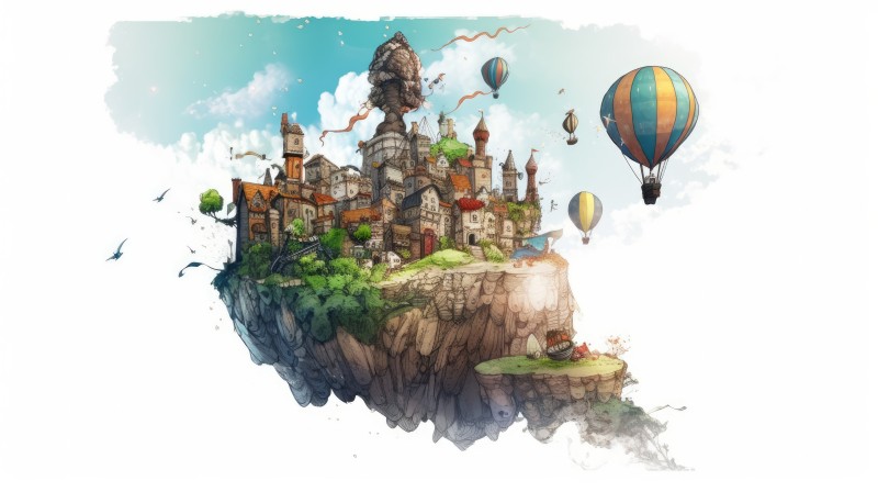AI Art, City, Illustration, Fantasy City, Hot Air Balloons Wallpaper