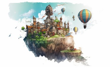 AI Art, City, Illustration, Fantasy City, Hot Air Balloons Wallpaper