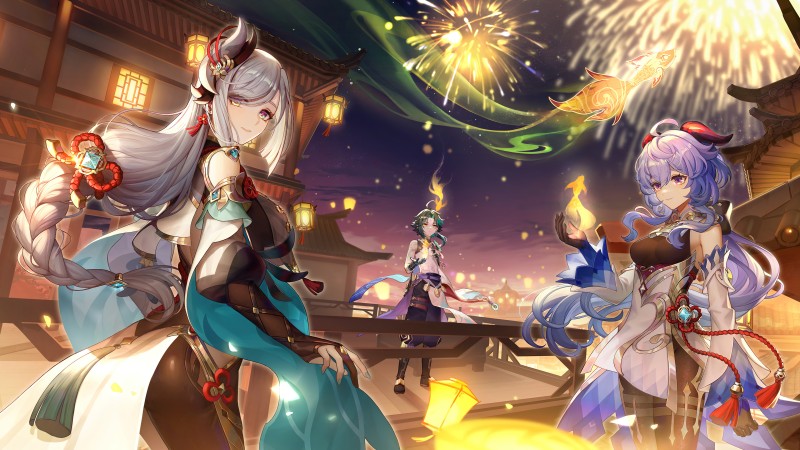Anime Girls, Genshin Impact, Fireworks, Lantern Wallpaper