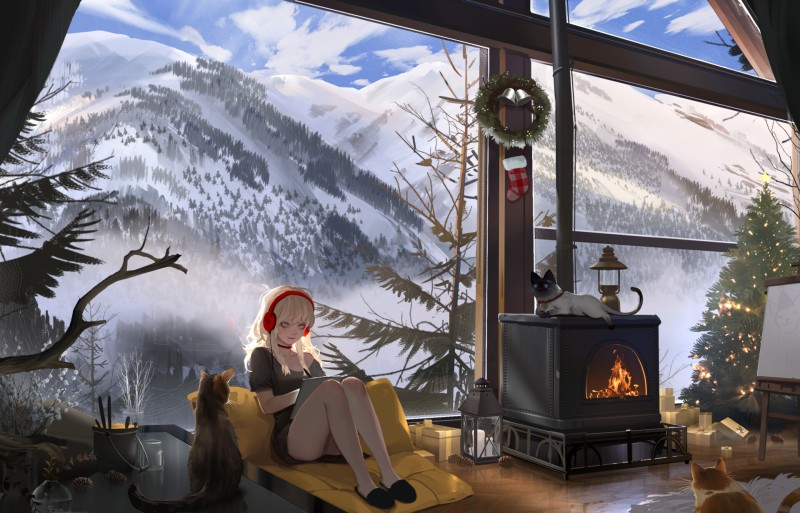 Anime, Anime Girls, Snow, Mountains, Cats Wallpaper