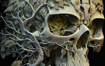 AI Art, Skull, Trees, Portrait Display, Black Background Wallpaper