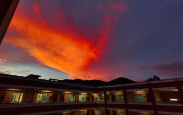 Dusk, Sunset Glow, Landscape, School, Sky, Clouds Wallpaper