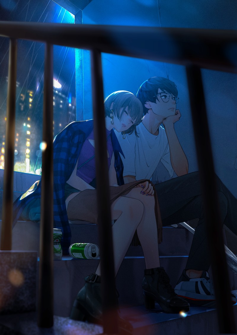 Anime, Anime Girls, Stairs, City Lights, Anime Boys Wallpaper