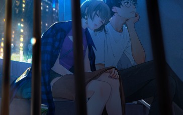 Anime, Anime Girls, Stairs, City Lights, Anime Boys Wallpaper
