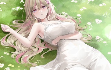 Anime, Anime Girls, Grass, Flowers, Blonde, Dress Wallpaper