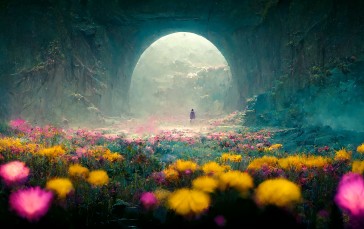 Cave, Flowers, Plants, Pink Flowers, Yellow Flowers Wallpaper