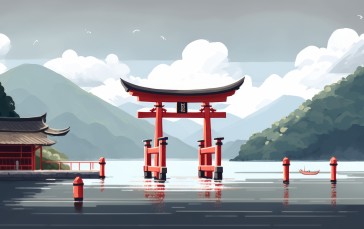 AI Art, Illustration, Japan, Lake Wallpaper