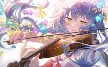 Anime Girls, Purple Hair, Musical Instrument, Violin, Green Eyes Wallpaper