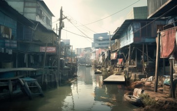 AI Art, City, Slum, Water, Village Wallpaper