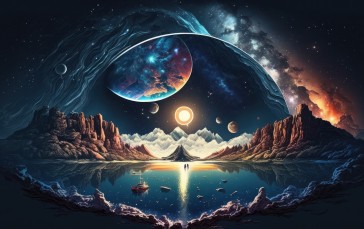 AI Art, Illustration, Planet, Space, Water, Reflection Wallpaper