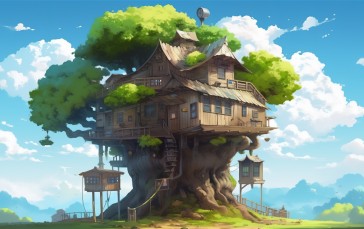 AI Art, Illustration, Tree House, Anime, Studio Ghibli, Clouds Wallpaper