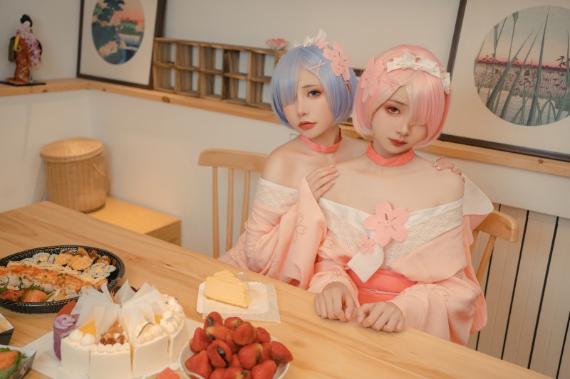 Two Women, Pink Hair, Blue Hair, Anime Girls, Rem (Re:Zero) Wallpaper