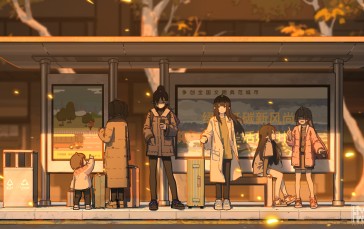 Anime Girls, Artwork, Original Characters, Coats, Bus Stop Wallpaper