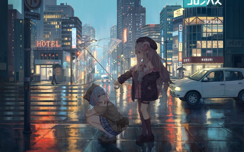 Anime, Anime Girls, Squatting, Umbrella Wallpaper