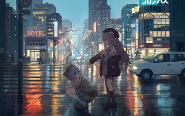 Anime, Anime Girls, Squatting, Umbrella Wallpaper