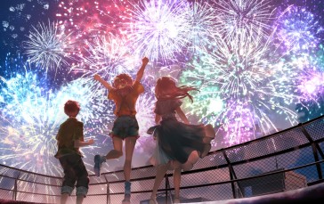 Anime, Anime Girls, Fireworks, Sky, Fence Wallpaper