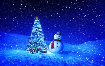 Snowman, Christmas Tree, Snow, Winter Wallpaper