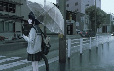 Rain, Japan, Traffic Crossing, Cat Girl, Melancholic Wallpaper