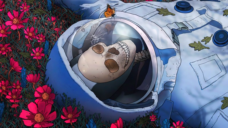 Astronaut, Skeleton, Flowers, Butterfly Wallpaper