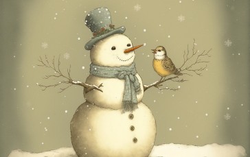 AI Art, Snowman, Birds, Drawing, Winter Wallpaper