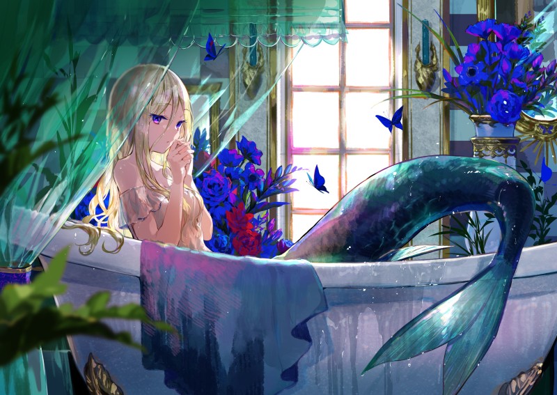 Anime, Anime Girls, Bathtub, Mermaids, Purple Eyes, Blonde Wallpaper