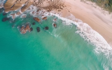 AI Art, Beach, Drone Photo, Cyan, Sea, Rocks Wallpaper