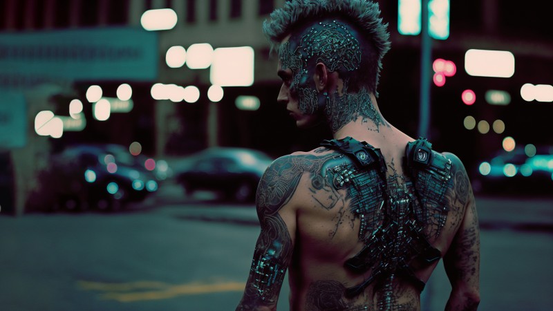 Cyberpunk, Street, Cyborg, Tattoo, Futuristic Wallpaper