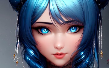 Fantasy Girl, Blue Hair, Blue Eyes, Closeup, Anime Wallpaper