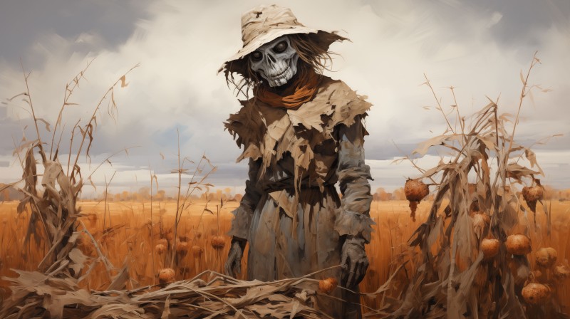 AI Art, Orange, Scarecrows, Hat, Field, Digital Art Wallpaper