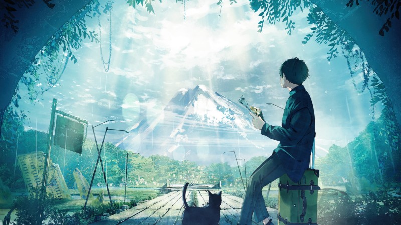 Anime Boys, Cats, Luggage, Mountains Wallpaper