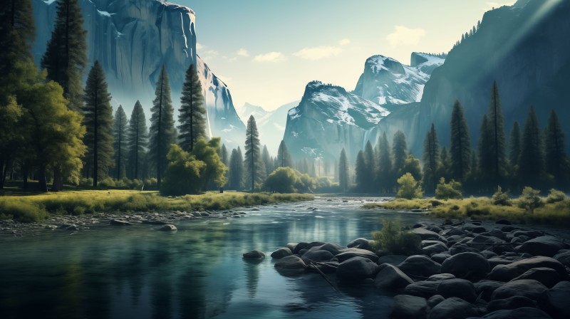 AI Art, Mountains, Water, Rocks, River Wallpaper