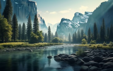 AI Art, Mountains, Water, Rocks, River Wallpaper