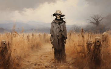 AI Art, Orange, Scarecrows, Hat, Field Wallpaper