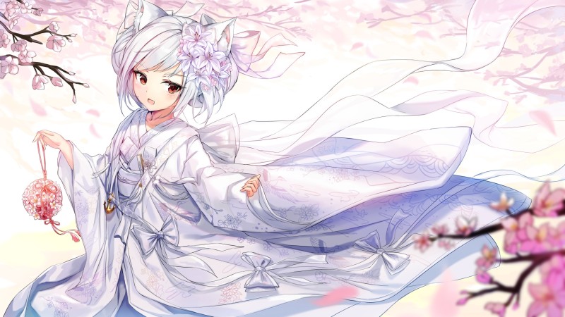 Azur Lane, White Hair, Yukikaze (Azur Lane), Blossoms, Anime Girls Wallpaper