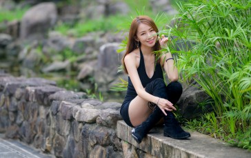Asian, Model, Women, Long Hair, Dark Hair, Sitting Wallpaper